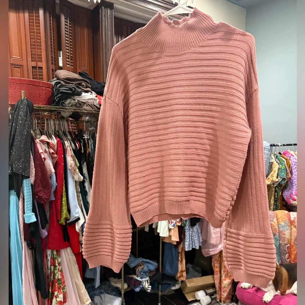 Pink Cowl Neck Sweater with Ribbed Texture